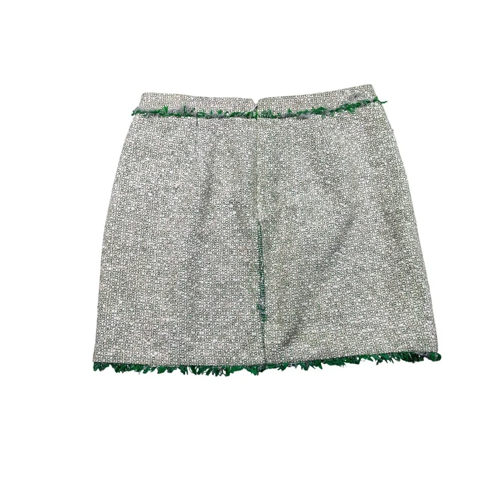 J.Crew‎ Boucle Tweed Mini Skirt Size 4 Ivory Green Fringe Preppy Coastal Chic